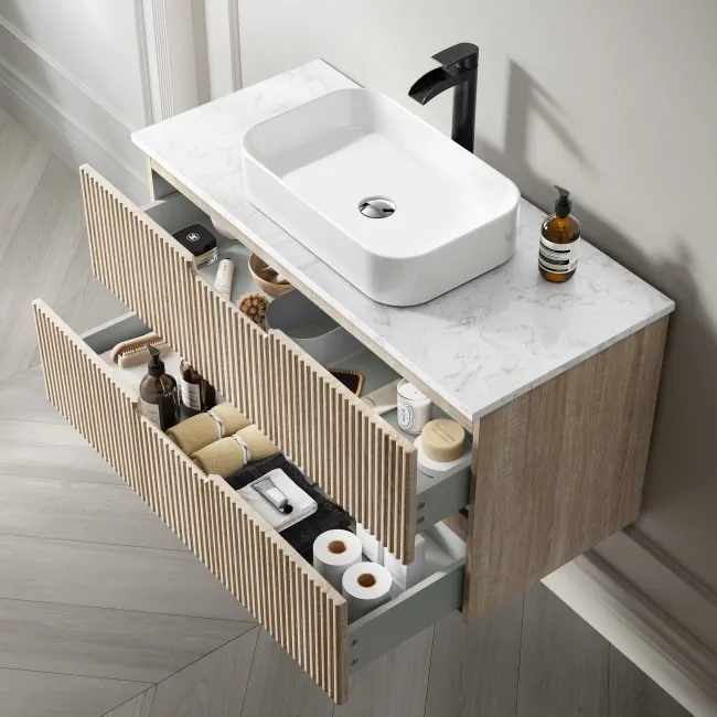 Crete Fluted Apex Oak Wall Hung Drawer Vanity with Marble Top & Marin Basin 1000mm