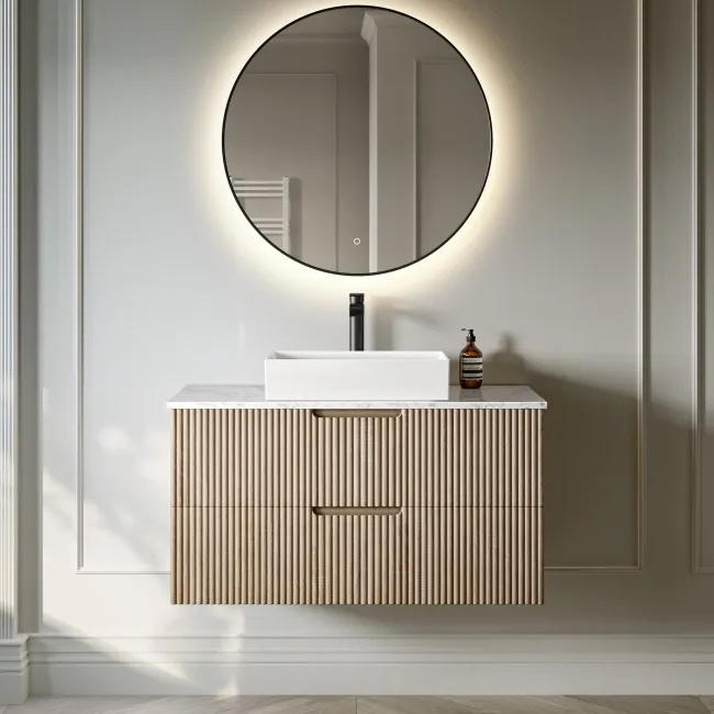 Crete Fluted Apex Oak Wall Hung Drawer Vanity with Marble Top & Cody Basin 1000mm