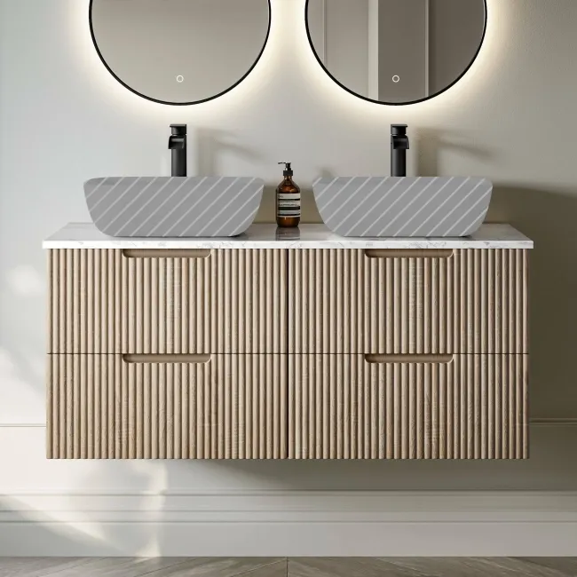 Crete Fluted Apex Oak Double Wall Hung Drawer Vanity with Marble Top 1200mm - Excludes Counter Top Basin