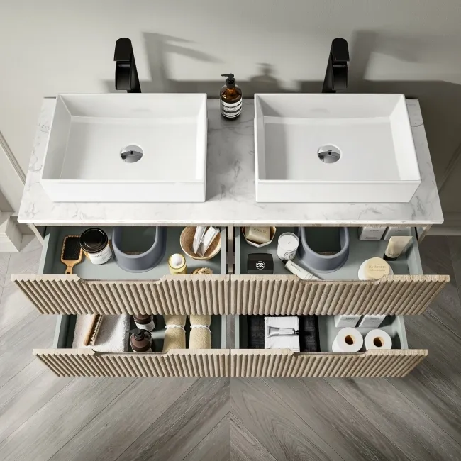 Crete Fluted Apex Oak Double Wall Hung Drawer Vanity with Marble Top & Cody Basin 1200mm