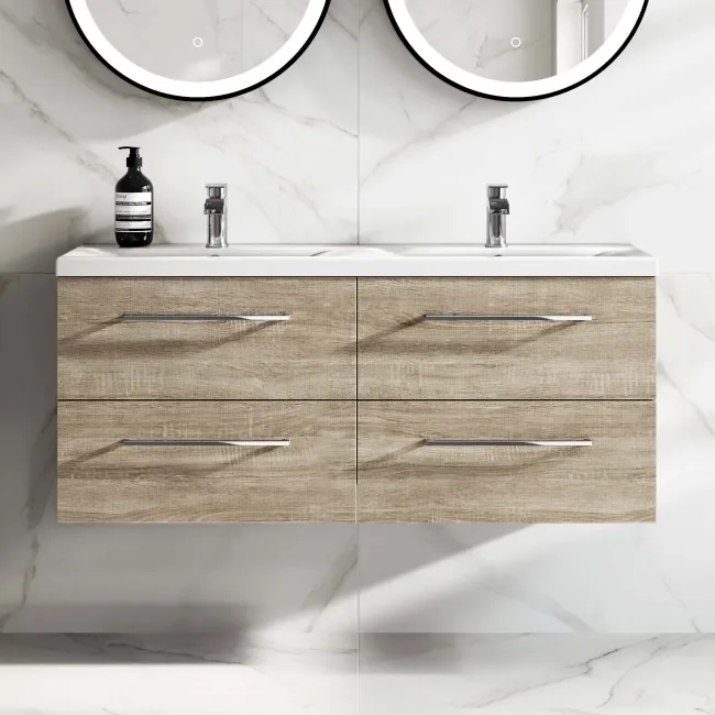 Elba Dawn Oak Wall Hung Double Basin Drawer Vanity 1200mm