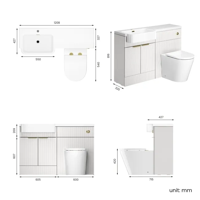 Sicily Fluted Coastal White Combination Vanity Basin and Boston Toilet 1200mm - Brushed Brass Accents - Left Handed