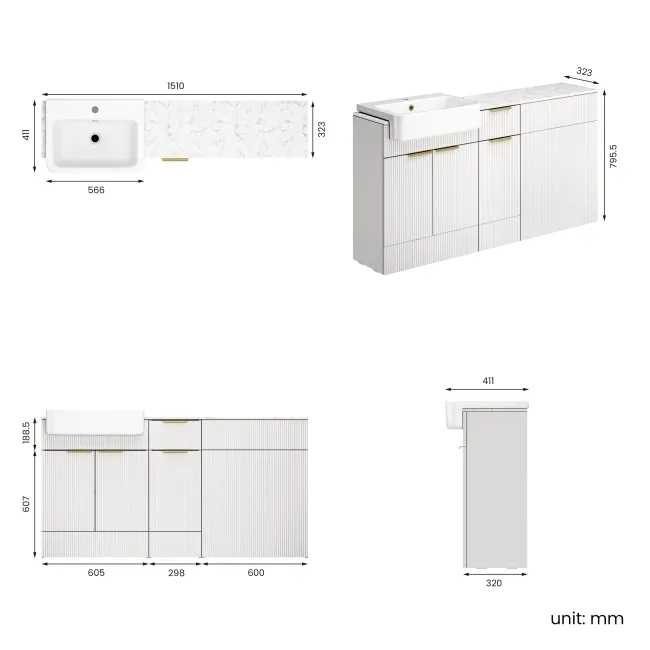 Sicily Fluted Coastal White Combination Vanity Basin with Marble Top 1500mm (Excludes Toilet) - Brushed Brass Accents