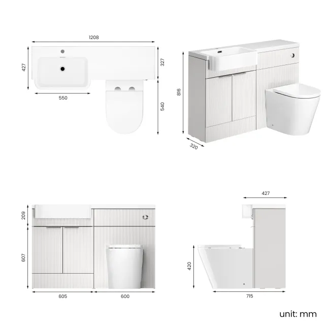 Sicily Fluted Coastal White Combination Vanity Basin and Boston Toilet 1200mm - Chrome Handles- Left Handed