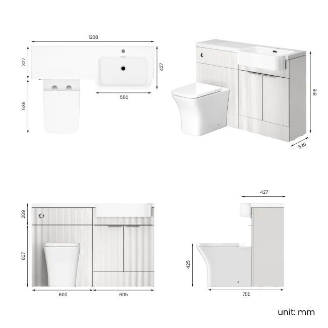 Sicily Fluted Coastal White Combination Vanity Basin and Houston Toilet 1200mm - Chrome Handles- Right Handed