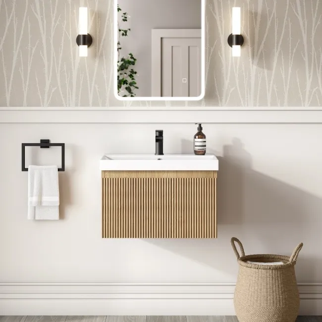 Malta Fluted Country Oak Wall Hung Basin Drawer Vanity 600mm