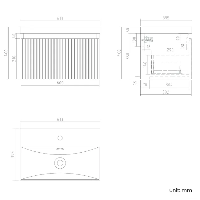 Malta Fluted Country Oak Wall Hung Basin Drawer Vanity 600mm