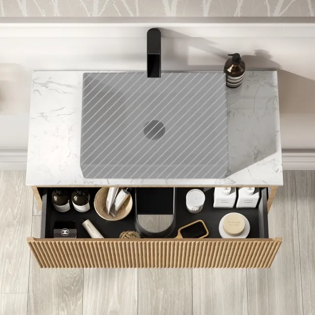 Malta Fluted Country Oak Wall Hung Drawer Vanity with Marble Top 800mm - Excludes Counter Top Basin