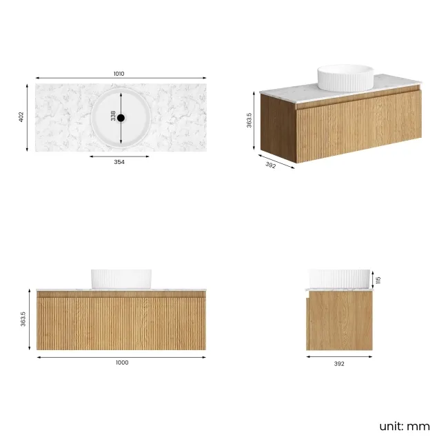 Malta Fluted Country Oak Wall Hung Drawer Vanity with Marble Top & Nevis Basin 1000mm