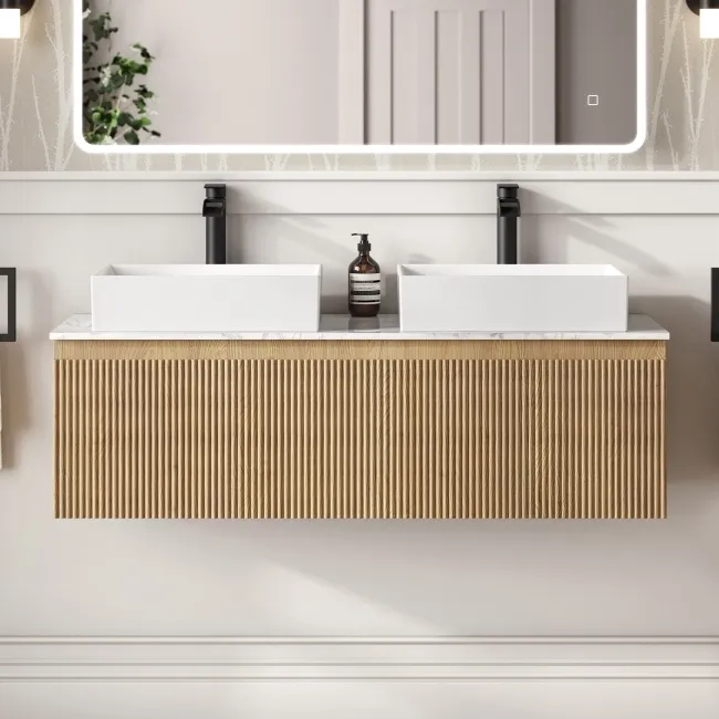 Malta Fluted Country Oak Double Wall Hung Drawer Vanity with Marble Top & Cody Basin 1200mm