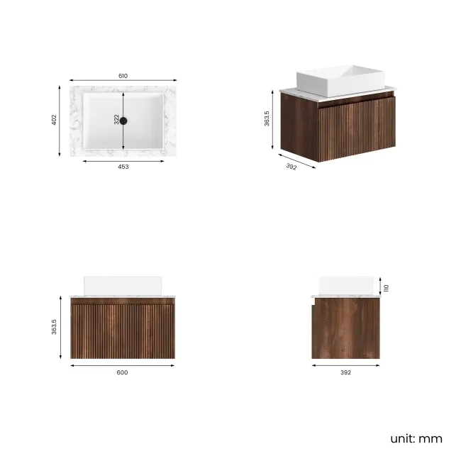 Malta Fluted Black Walnut Wall Hung Drawer Vanity with Marble Top & Cody Basin 600mm