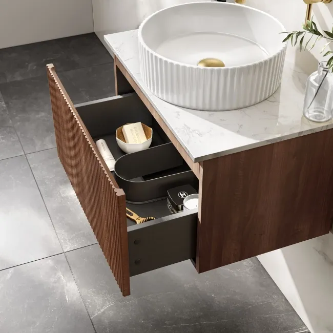 Malta Fluted Black Walnut Wall Hung Drawer Vanity with Marble Top & Nevis Basin 600mm