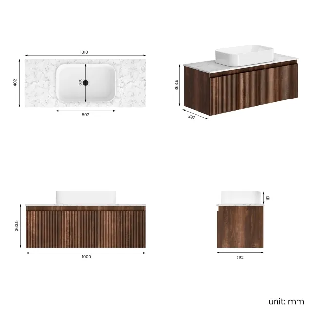 Malta Fluted Black Walnut Wall Hung Drawer Vanity with Marble Top & Marin Basin 1000mm