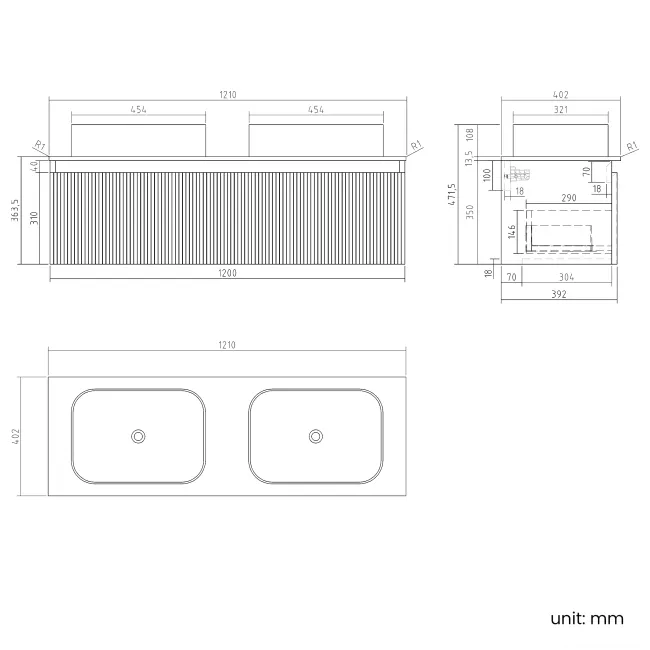 Malta Fluted Black Walnut Double Wall Hung Drawer Vanity with Marble Top & Marin Basin 1200mm