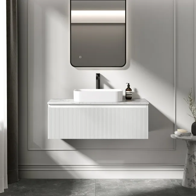 Malta Fluted Coastal White Wall Hung Drawer Vanity with Marble Top & Marin Basin 1000mm