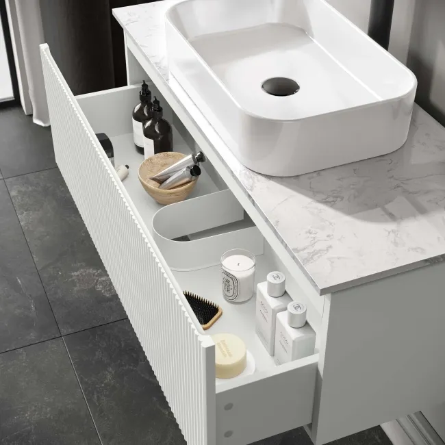Malta Fluted Coastal White Wall Hung Drawer Vanity with Marble Top & Marin Basin 1000mm