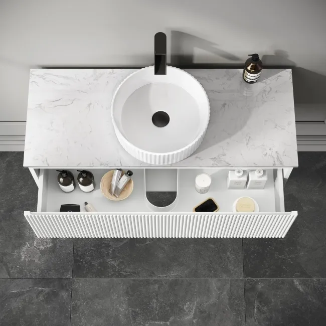 Malta Fluted Coastal White Wall Hung Drawer Vanity with Marble Top & Nevis Basin 1000mm