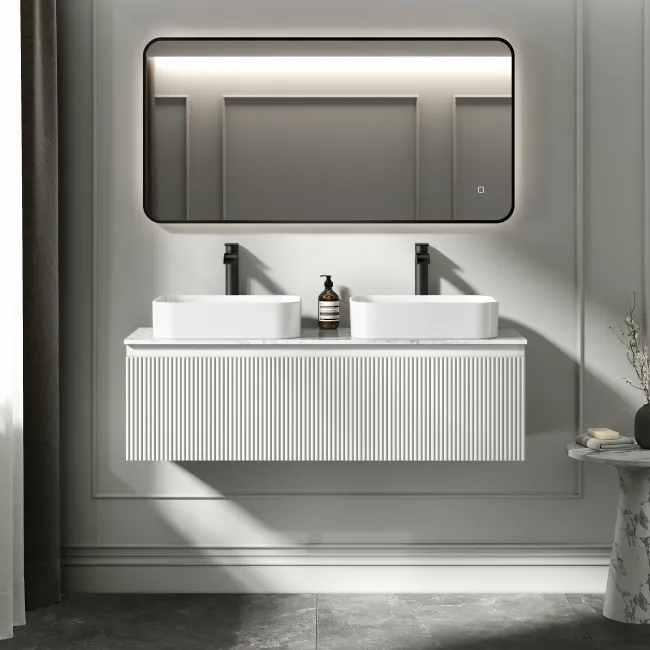 Malta Fluted Coastal White Double Wall Hung Drawer Vanity with Marble Top & Marin Basin 1200mm