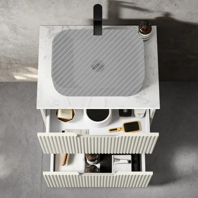 Crete Fluted Linen White Vanity Drawer with Marble Top 600mm - Excludes Counter Top Basin