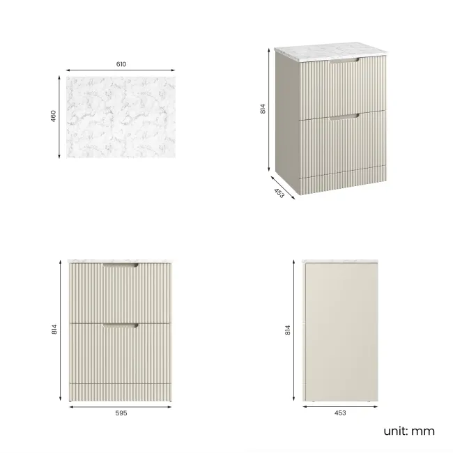 Crete Fluted Linen White Vanity Drawer with Marble Top 600mm - Excludes Counter Top Basin