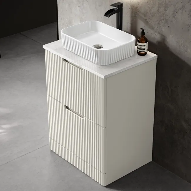 Crete Fluted Linen White Vanity Drawer with Marble Top & Reno Basin 600mm