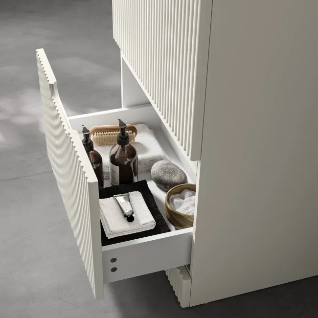 Crete Fluted Linen White Vanity Drawer with Marble Top & Reno Basin 600mm