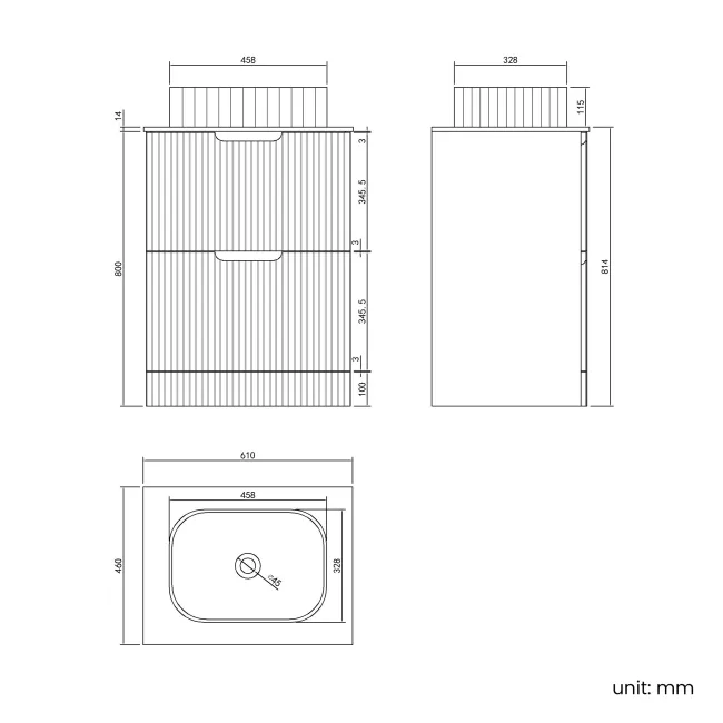 Crete Fluted Linen White Vanity Drawer with Marble Top & Reno Basin 600mm