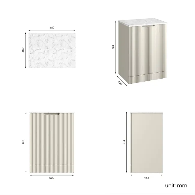 Crete Fluted Linen White Vanity with Marble Top 600mm - Excludes Counter Top Basin