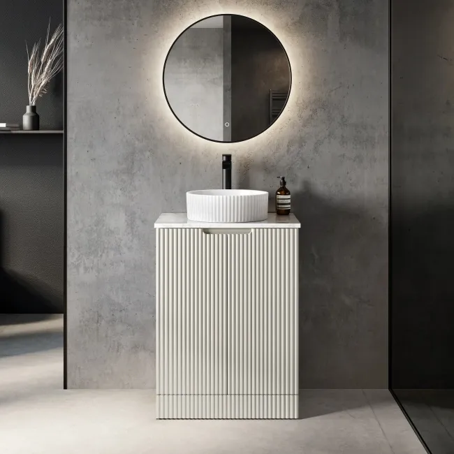 Crete Fluted Linen White Vanity with Marble Top & Nevis Basin 600mm