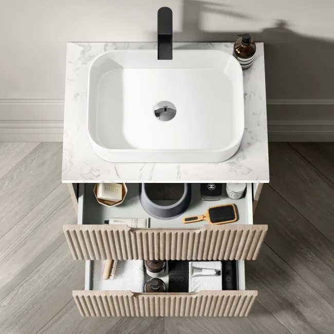 Crete Fluted Apex Oak Vanity Drawer with Marble Top & Marin Basin 600mm