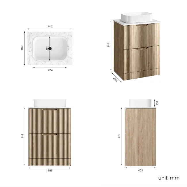 Crete Fluted Apex Oak Vanity Drawer with Marble Top & Marin Basin 600mm