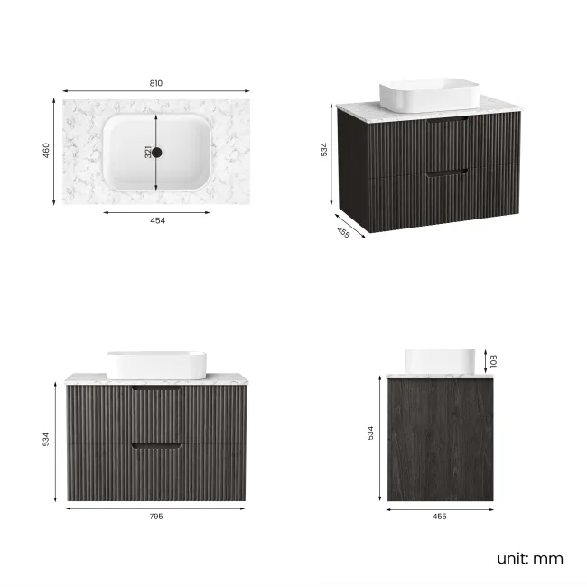 Crete Fluted Charcoal Elm Wall Hung Drawer Vanity with Marble Top & Marin Basin 800mm