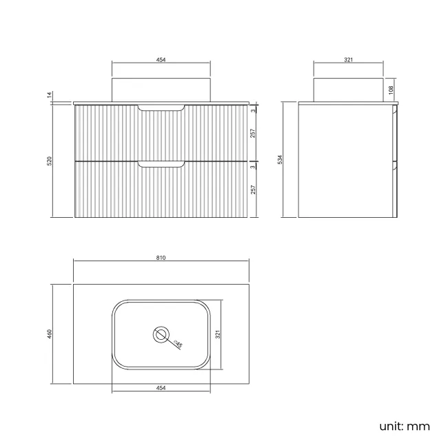 Crete Fluted Charcoal Elm Wall Hung Drawer Vanity with Marble Top & Marin Basin 800mm