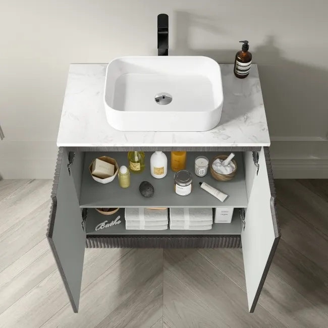 Crete Fluted Charcoal Elm Vanity with Marble Top & Marin Basin 800mm
