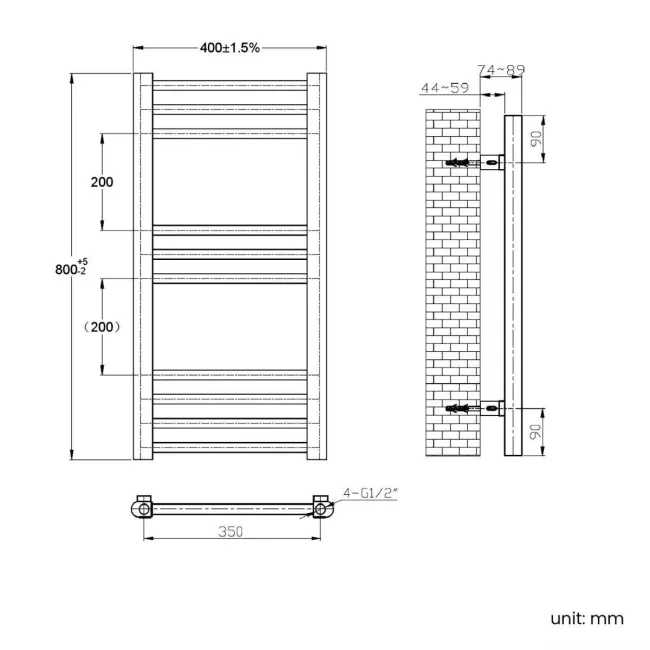 Barcelona Electric Brushed Brass Straight Heated Towel Rail 800x400mm
