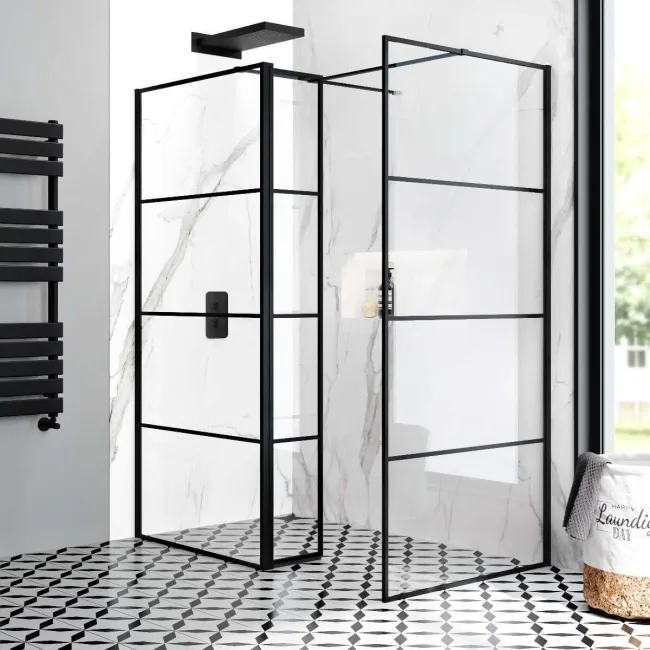 Munich Matt Black Grid 8mm Walk In Shower Enclosure 900mm & 800mm Glass with Pivotal Return Panel