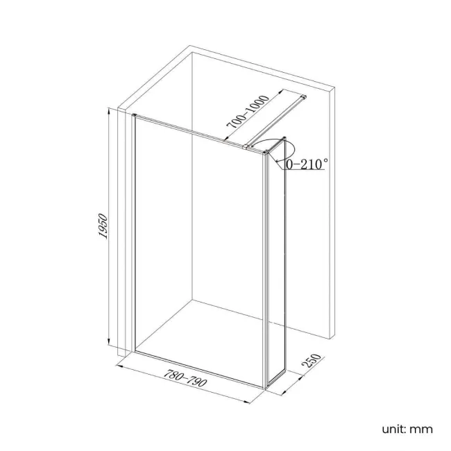 Munich Fluted Effect Matt Black Framed 8mm Wet Room Shower Glass 800mm & 250mm Pivotal Return Panel