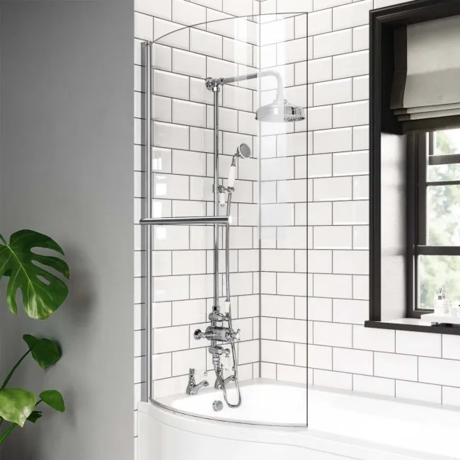 P Shaped 1600 Shower Bath with Front Panel & 6mm Easy Clean Screen with Rail - Left Handed