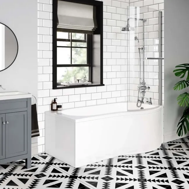 P Shaped 1600 Shower Bath with Front Panel & 6mm Easy Clean Screen with Rail - Right Handed