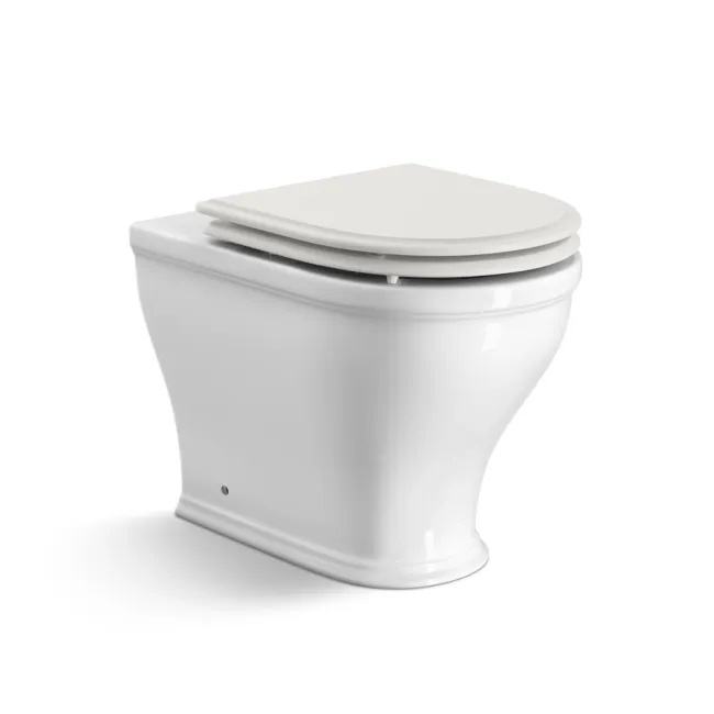 Kansas Traditional Rimless Back To Wall Toilet With Cotton White Wooden Seat - Brushed Brass Hinges