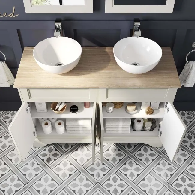 Lucia Chalk White Double Vanity With Oak Effect Top & Round Counter Top Basin 1200mm