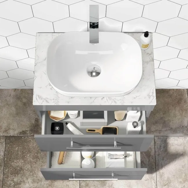 Avon Stone Grey Vanity Drawer with Marble Top & Curved Counter Top Basin 600mm
