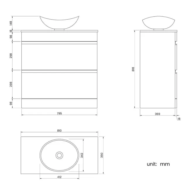 Trent Gloss White Vanity Drawer with Oval Counter Top Basin 800mm