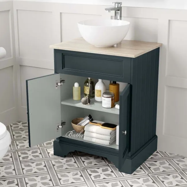 Lucia Inky Blue Vanity with Oak Effect Top & Round Counter Top Basin 640mm