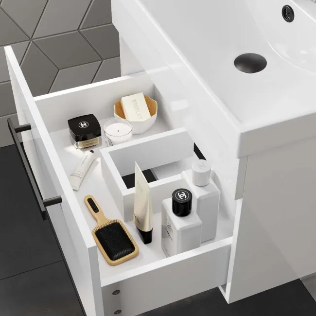 Avon Gloss White Wall Hung Basin Drawer Vanity 600mm - Black Accents