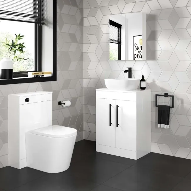 Avon Gloss White Vanity with Curved Counter Top Basin 600mm - Black Accents