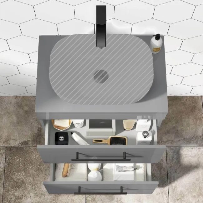 Avon Stone Grey Counter Top Drawer Vanity 600mm - Black Accents