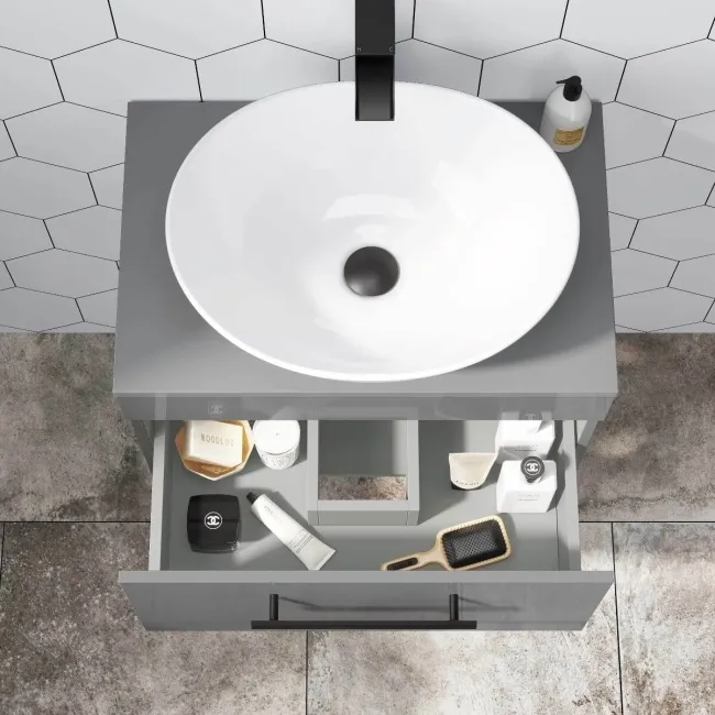 Avon Stone Grey Wall Hung Drawer Vanity with Oval Counter Top Basin 600mm - Black Accents