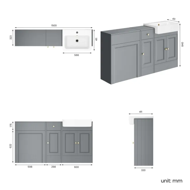 Monaco Dove Grey Combination Vanity Basin 1500mm (Excludes Pan & Cistern) - Brushed Brass Accents