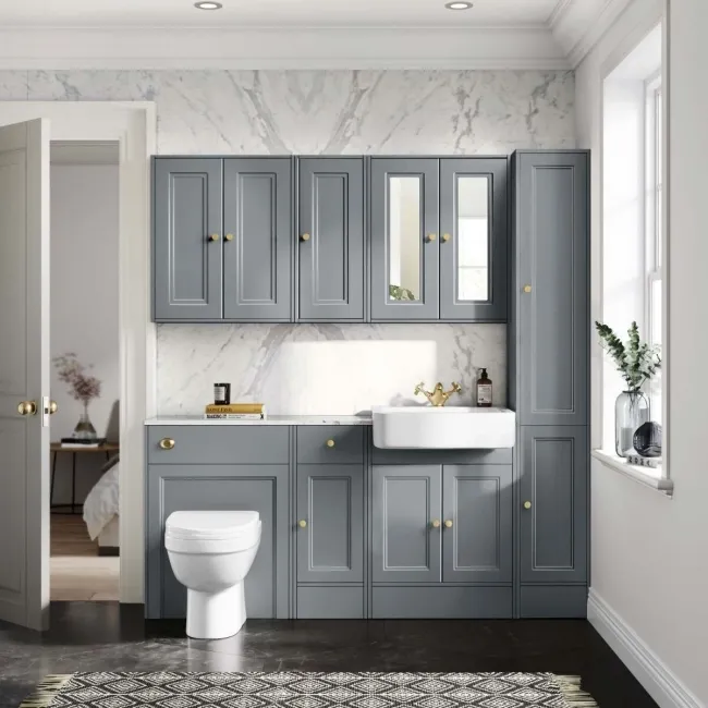 Monaco Dove Grey Combination Vanity Basin with Marble Top and Seattle Toilet 1500mm - Brushed Brass Accents